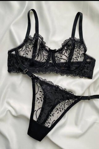 Vernis Siyah Dantelli Büyük Beden İç Çamaşırı Takım