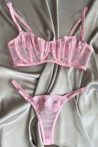 Anna İnci Detaylı Çiçekli Pembe Balkonet İç Çamaşırı Takımı