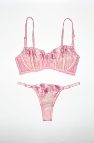 Anna İnci Detaylı Çiçekli Pembe Balkonet İç Çamaşırı Takımı