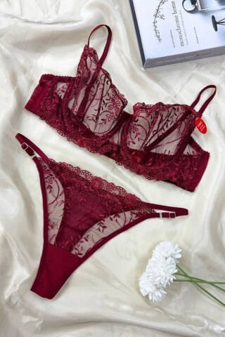 Luna Bordo Dantelli Büyük Beden İç Çamaşırı Takım