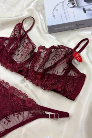 Luna Bordo Dantelli Büyük Beden İç Çamaşırı Takım