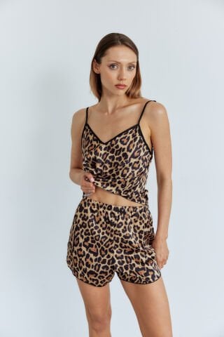 Ivorie Leopar Saten Şortlu Pijama Takımı