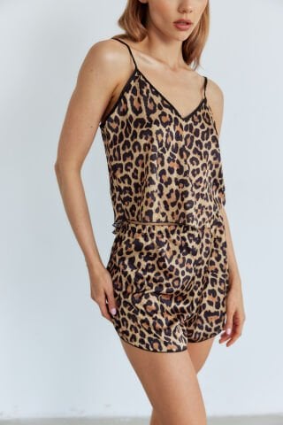 Ivorie Leopar Saten Şortlu Pijama Takımı