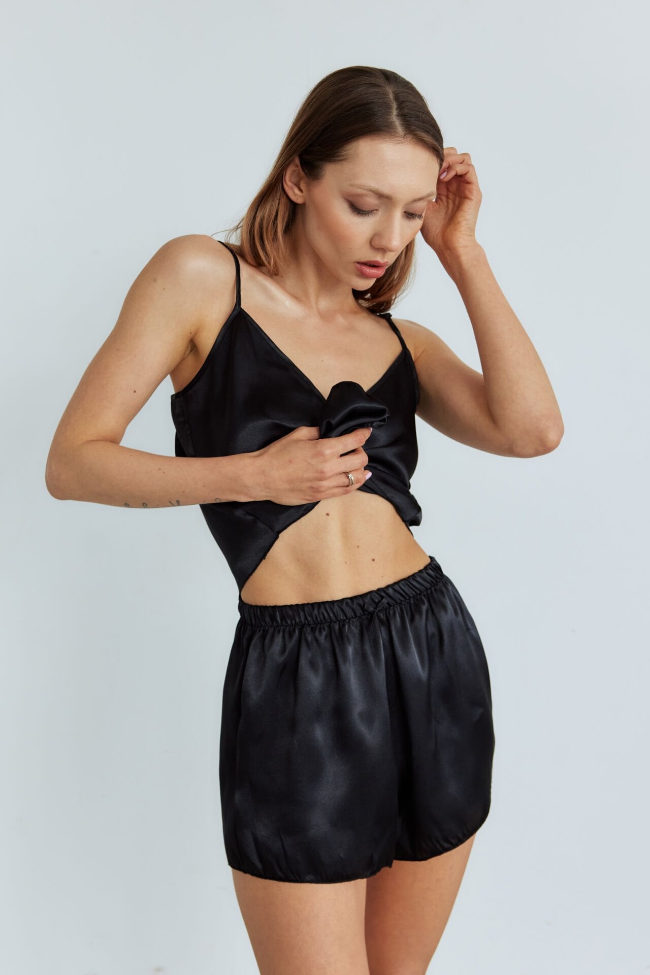 Ivorie Siyah Saten Şortlu Pijama Takım