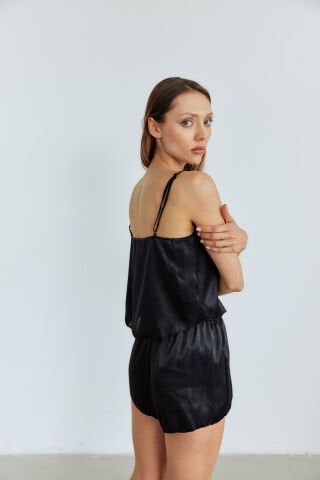 Ivorie Siyah Saten Şortlu Pijama Takım