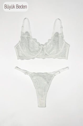 Angel Beyaz Dantelli Büyük Beden Sütyen Takım