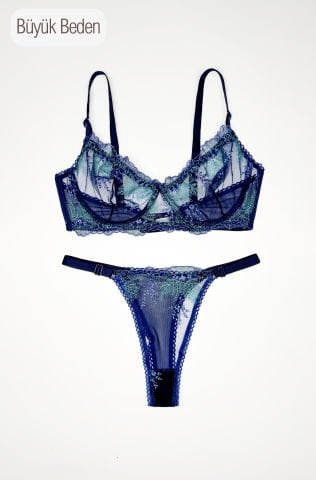 Navy Mavi-Lacivert Dantelli Büyük Beden Sütyen Takım