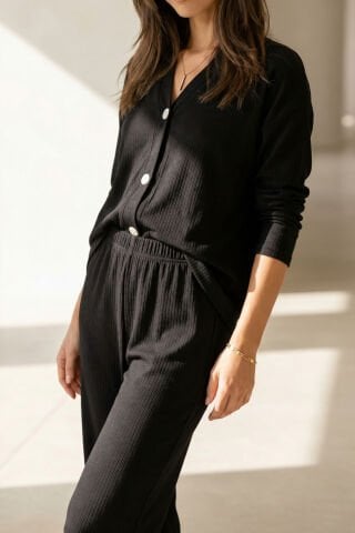 Fleur Siyah Penye Pijama Takımı