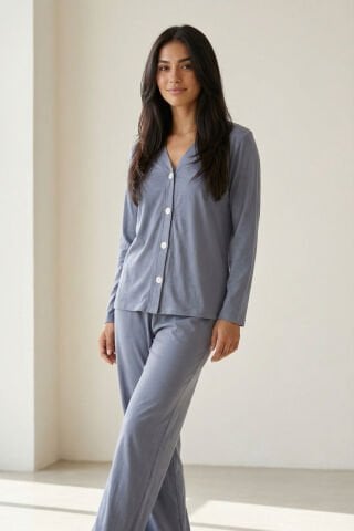 Fleur Mavi Penye Pijama Takımı