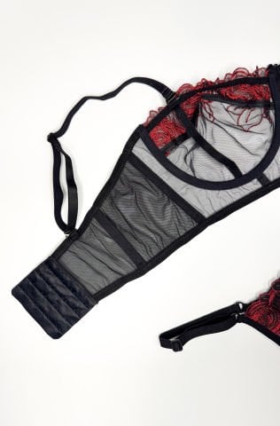 Sabrina Kırmızı Çiçekli Siyah Büstiyer Takım