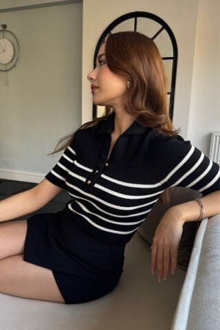 Siyah Polo Yaka Çizgili Kazak