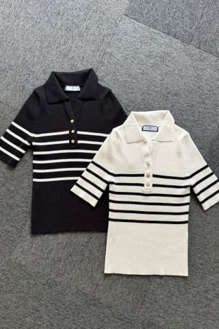 Siyah Polo Yaka Çizgili Kazak