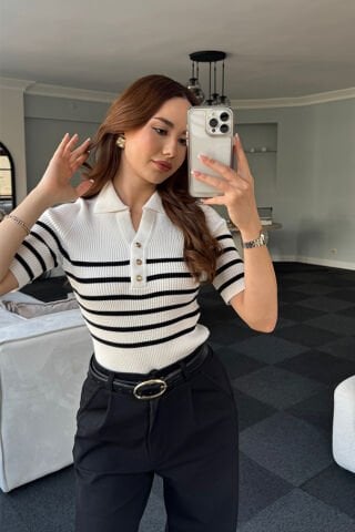 Beyaz Polo Yaka Çizgili Kazak