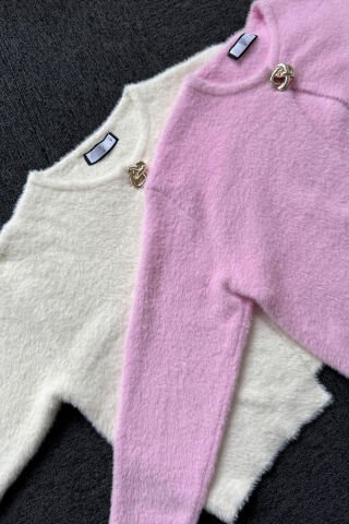 Bisiklet Yaka Uzun Kollu Gold Düğme Detaylı Yumuşak Ekru Tüylü Hırka