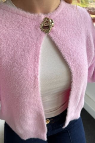 Bisiklet Yaka Uzun Kollu Gold Düğme Detaylı Yumuşak Pembe Tüylü Hırka