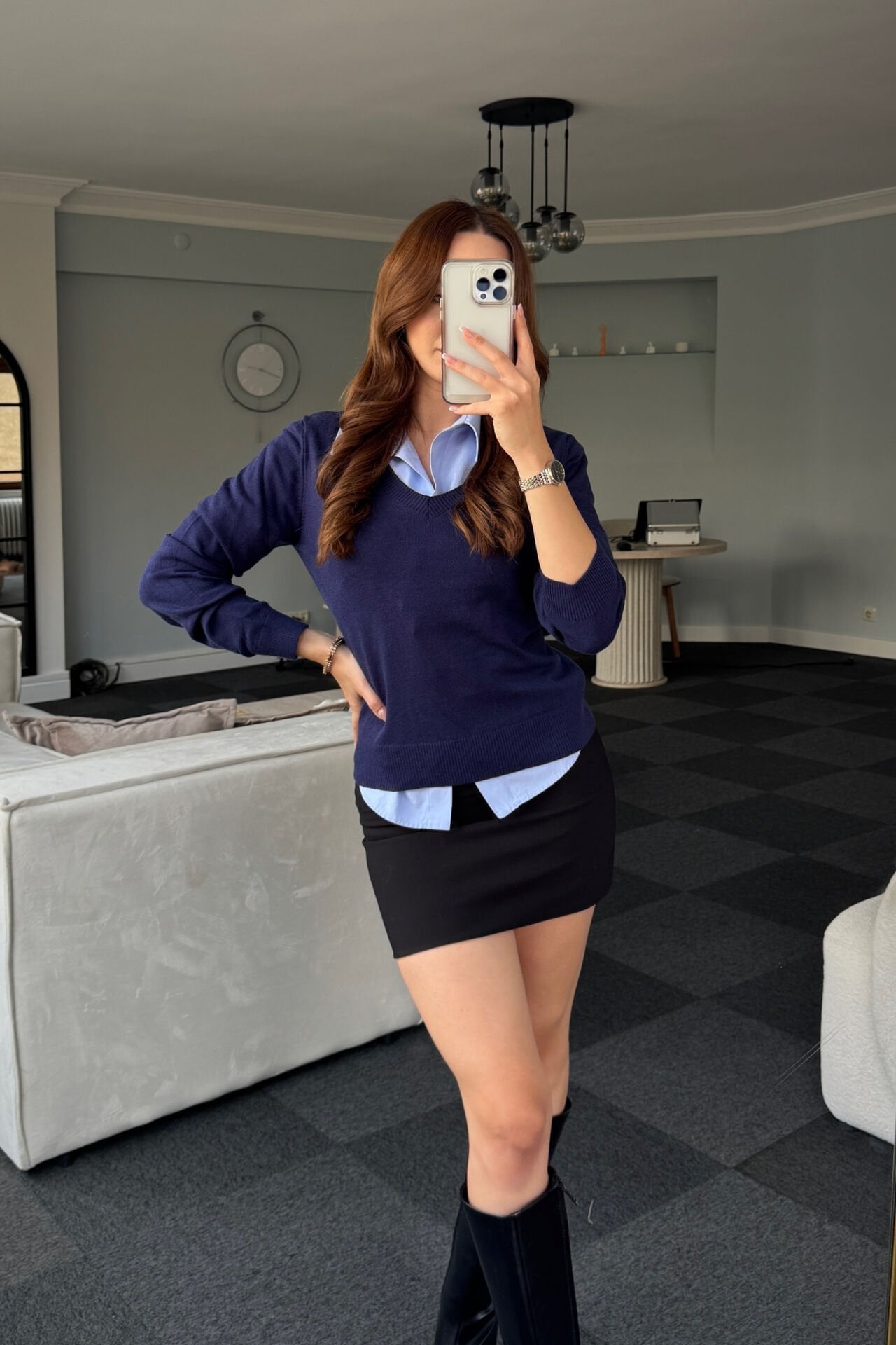 V Yaka Uzun Kollu Yumuşak Lacivert Basic Kazak