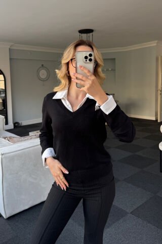 V Yaka Uzun Kollu Yumuşak Siyah Basic Kazak